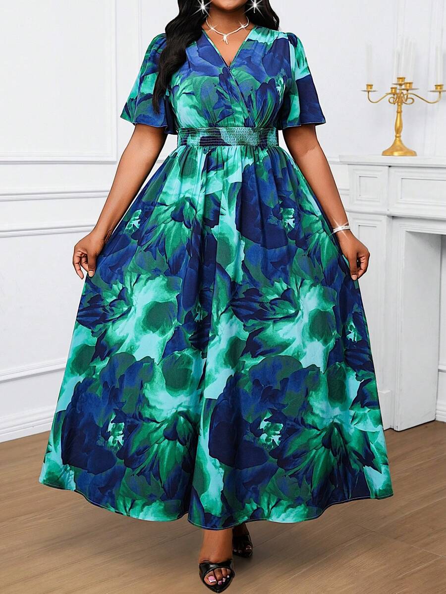 SHEIN Lady 大码女式花卉印花抽绳腰部荷叶边下摆短袖连衣裙，度假风格 - 綠色 - 查看 1