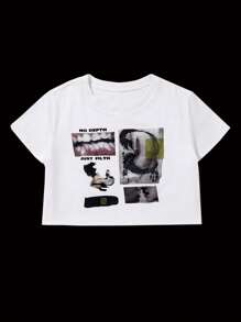 StreetHx 街头服饰女式哥特式图案短款 T 恤，复古美式朋克/Y2K 时尚 - 白色 - 查看 1