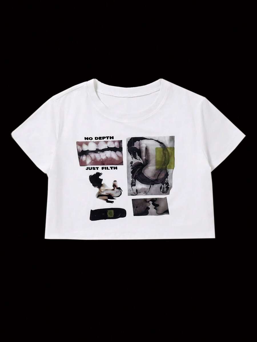 StreetHx 街头服饰女式哥特式图案短款 T 恤，复古美式朋克/Y2K 时尚 - 白色 - 查看 1