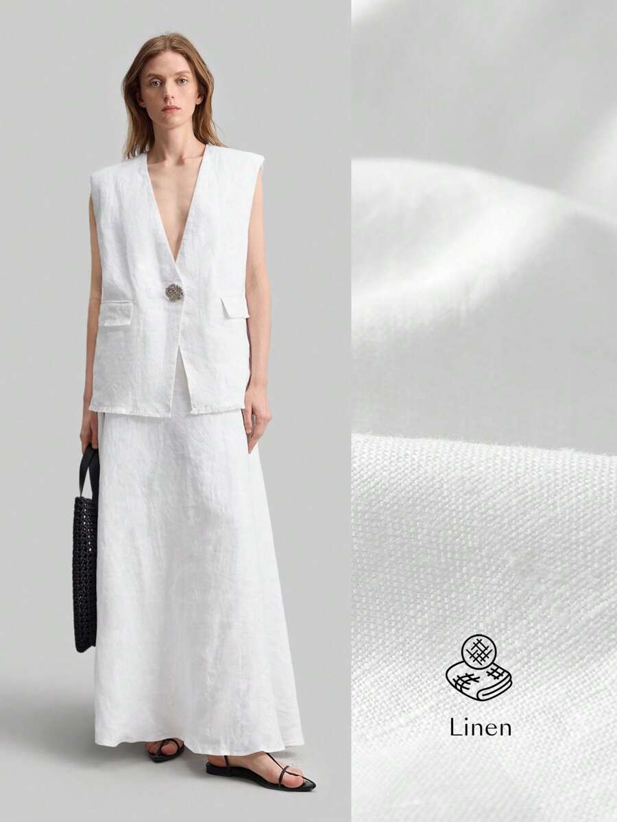 Ontre 100% 纯亚麻金属装饰纽扣都市休闲女式背心夹克，无袖亚麻米色西装背心，适合春季 - 白色 - 查看 1