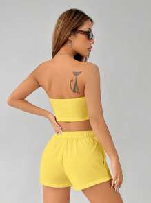 SHEIN PETITE Women's Solid Color Casual Two Pieces Set - Yellow - View 2