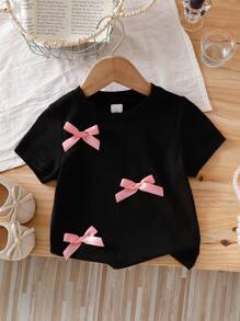 Baby Girls' Casual Korean Style Cute White Round Neck Knitted Short Sleeve Blouse With Bow Decor, Summer - Black - View 3