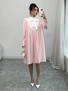 SHEIN Clasi 女士纯色拼接系带长袖优雅连衣裙 - 粉色 - 查看 4
