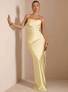 SHEIN BAE Sexy Green Halter Backless Tie-Front Extra Long Satin Mermaid Dress, Bridesmaid Dress, Satin Dress, Sexy Dress, Spring/Summer,Butter Yellow,Summer Dresses For Women - Yellow - View 2