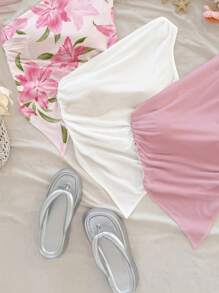 Soleia 3pcs/Set Casual Simple Floral Print & Solid Color White/Pink Women Top, Suitable For Summer Suitable For Going Out