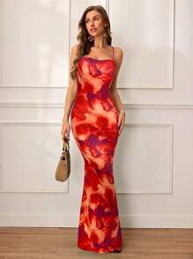 SHEIN VCAY Women's Elegant Floral Print Backless Halter Dress, For Summer Vacation, Women Summer Clothing