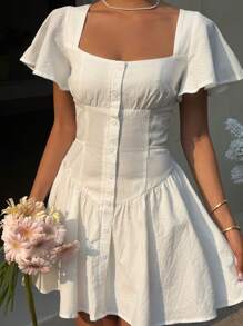 MainGRL Women White Woven Square Collar Front Button Elegant Short Sleeve Mini Dress