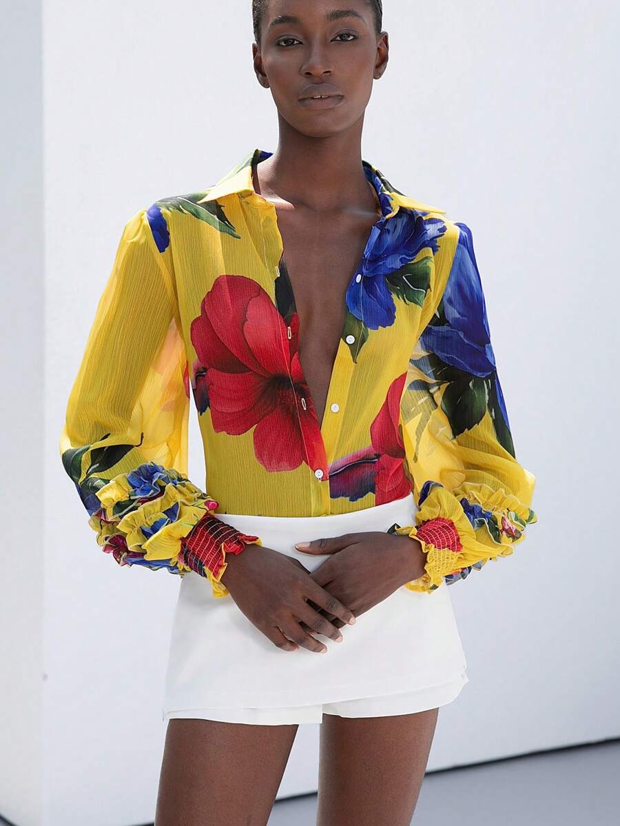 Aveloria Modichic Chiffon Contrast Color Floral Print Layered Flounce Cuff Long Sleeve Blouse Button Up Shirt Women Fall Cloth For Women - Yellow - View 1