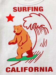 SHEIN 3pcs/Set Baby Boys White Cute California Bear Surfing Graphic Round Neck Short Sleeve Top,Shorts & Shoulder Cape Outfit,Infant Summer Vacation Holiday - Khaki - View 6