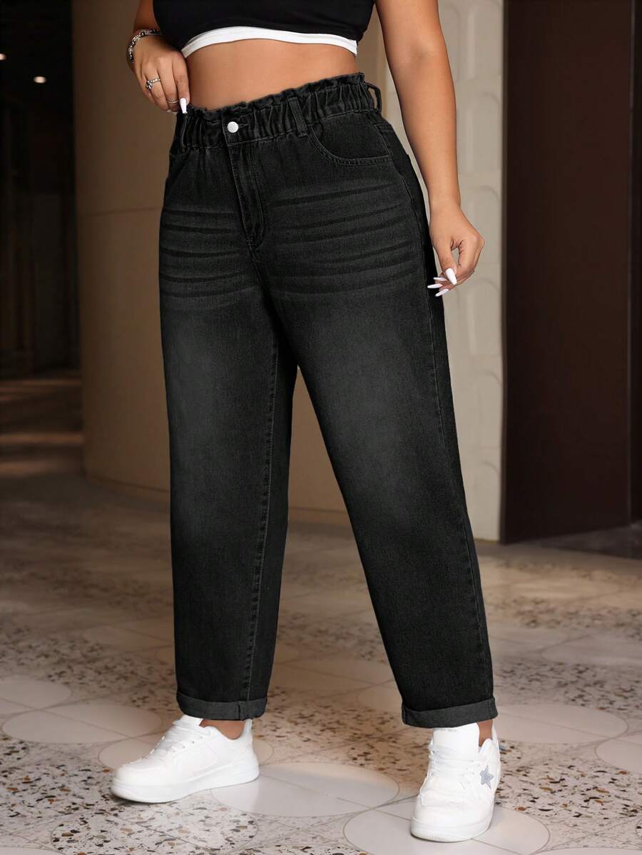 SHEIN ICON Plus Size Cat Whiskers Everyday Women Jeans - Black - View 1