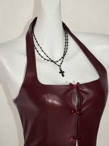 SHEIN ICON 2pcs Set: Fitted Bowknot Decor PU Halter Crop Top & Mini Skirt - Burgundy - View 3