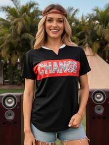 Camiseta de manga curta com decote em V combinando com a família, design casual moderno com cores contrastantes, tops soltos esportivos vintage com estampa de letras para mulheres, adequados para passeios, reuniões familiares, férias, uso casual - Multicolorido - Ver 3