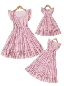 Mommy & Me Sleeveless Ditsy Floral Chiffon Ruffle Hem Loose Flowing Casual Sundress For Girl & Baby Girls, Cute Retro French Elegant Waisted Vacation Beach Dress - Dusty Pink - View 3