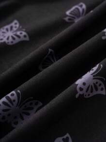 HELLO KITTY AND FRIENDS | SHEIN 2pcs/Set Young Girl Punk Style Butterfly & Rose Knitted Round Neck T-Shirt And Shorts Set - Black - View 6