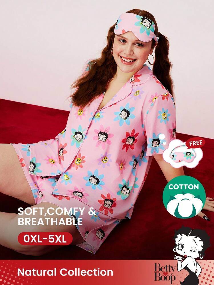BETTY BOOP X LUVLETTE Ensemble de pyjama court en coton doux rose à motif de la collection x LUVLETTE. Comprend un short avec poches. Idéal pour la lingerie, les mariées et les sous-vêtements
