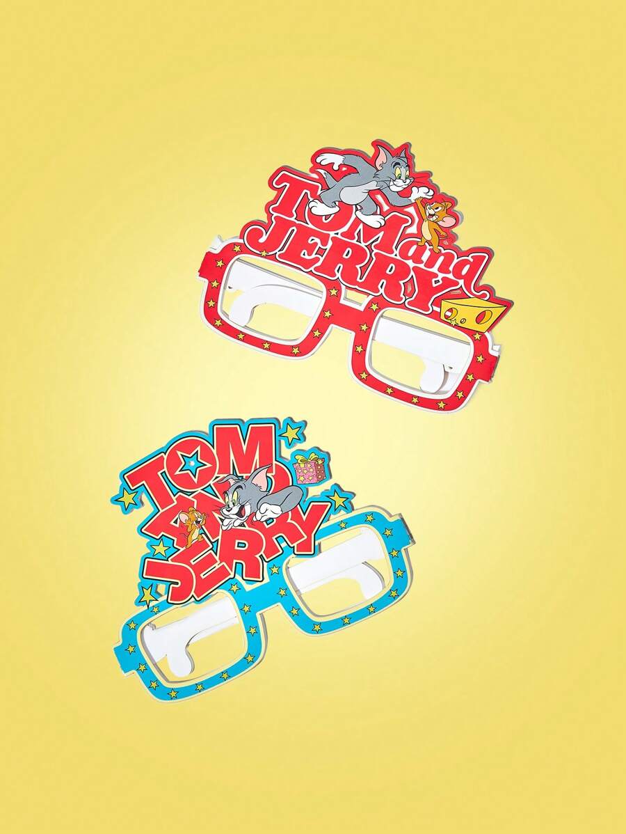TOM & JERRY X SHEIN Funny Letter & Cartoon Patterns Red & Blue Party Paper Glasses Decoration - Red - View 1