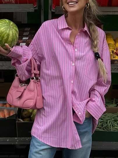 INAWLY Blusa con botones y mangas largas a rayas para mujer, uso diario casual