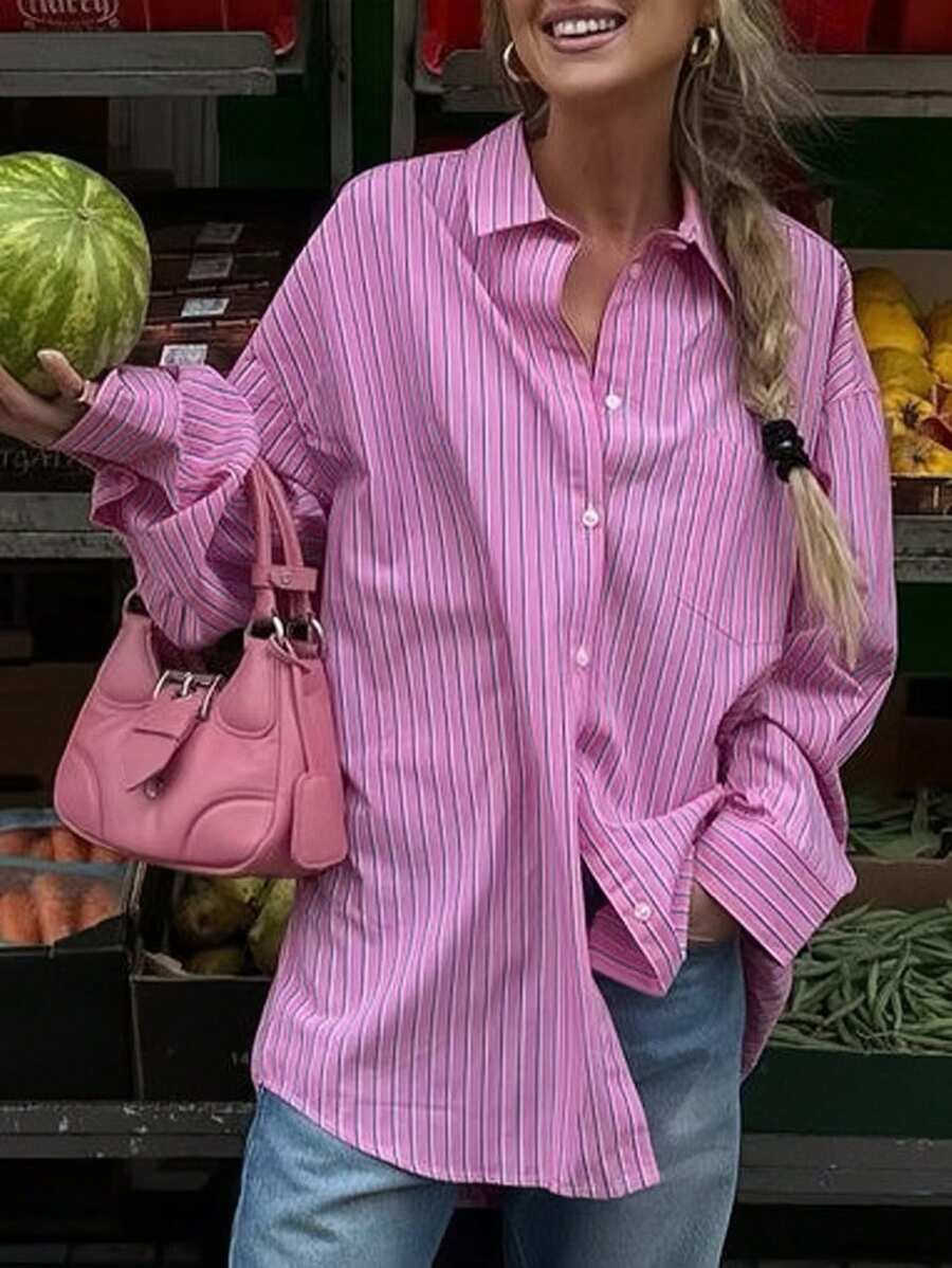 INAWLY Women's Button Front Striped Long Sleeve Blouse, Casual Daily Wear - Red Violet - View 1