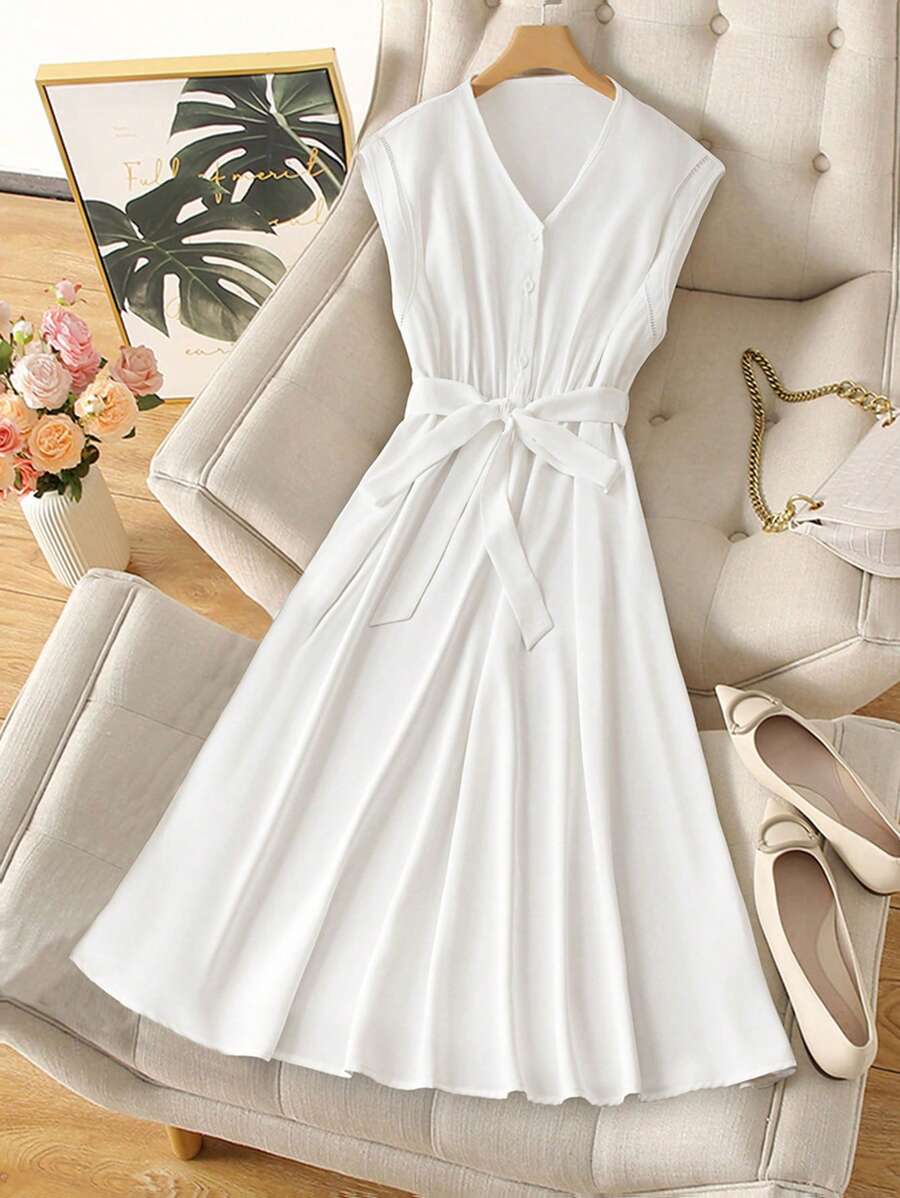 SHEIN Clasi Váy nơ đơn hàng lớn cho nữ mùa xuân/hè thanh lịch tối giản tinh tế, sang trọng, váy mùa xuân, váy lãng mạn - Màu be - Xem 1