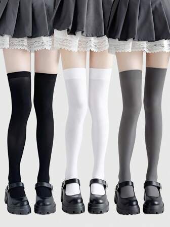 Goth 3 Pairs Solid Color Minimalist Thigh High Socks, Sexy Black/White/Gray Plain Color School Girl Style Knee Socks, Ultra Thin Elastic See-Through Tights