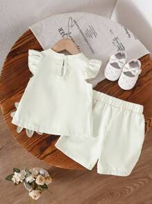 2pcs/Set Baby Girls 2023 Summer New Sweet Style Sun Flower Decor Sleeveless Top + Solid Color Shorts Set - White - View 2