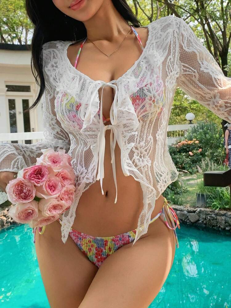 Women's Ruffled Hollow Lace-Up Bell Sleeve Fitted V-Neck Long Sleeve Lace Cardigan, Suitable For Beach Resort Vacation