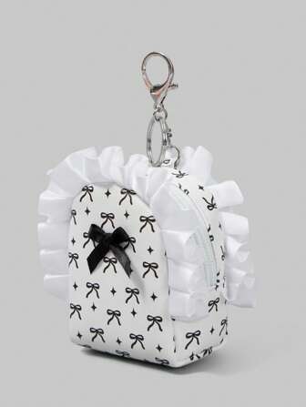 Kawaii Grande capacité Porte-monnaie portable avec impression florale et nœud papillon noir 919979