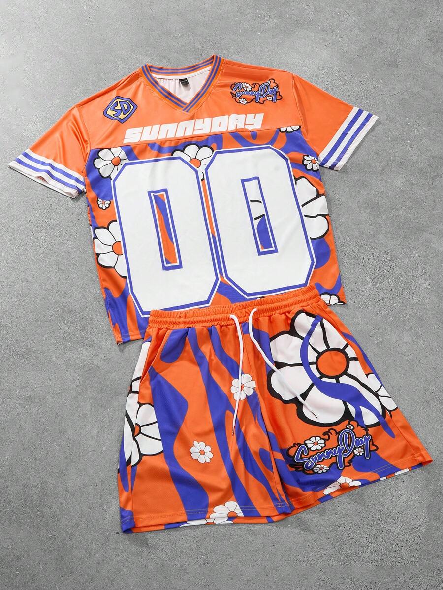 PAVTROS Conjunto de estilo casual urbano juvenil para hombre - Camiseta de manga corta holgada con cuello en V y estampado gráfico y shorts de punto, apropiado como regalo para novio o esposo (2 piezas) - Naranja - Ver 1