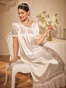 SHEIN Solid Color Round Neck Satin Lace Patchwork Ruffle Hem Elegant Long Nightgown, Suitable For Wedding Season - White - View 3