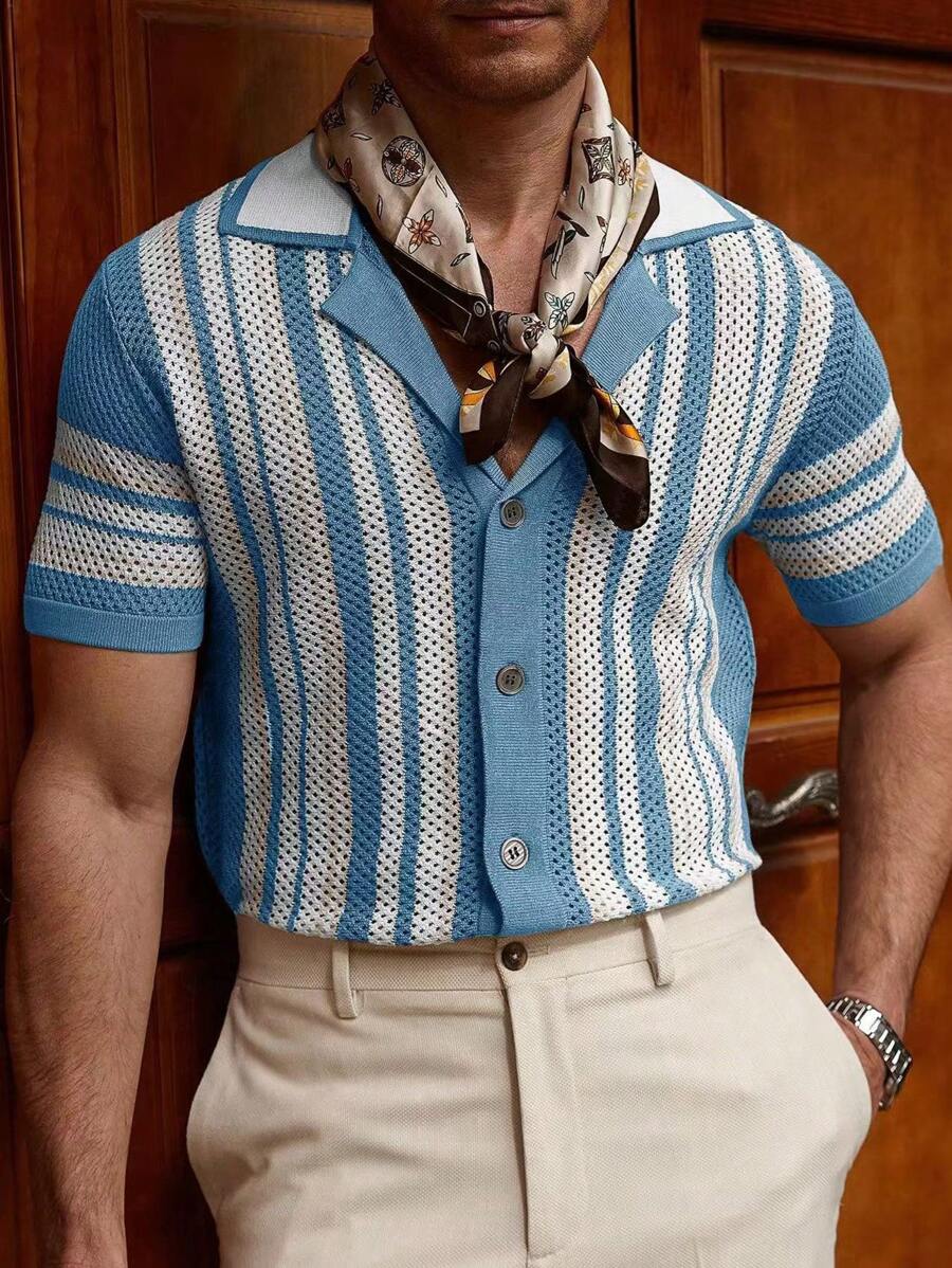 Manfinity Homme 男式撞色条纹短袖针织上衣 - 彩色 - 查看 1