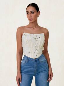 Glamine Floral Embroidery Mesh Asymmetric Ruffle Hem Bandeau Corset Top For Women - Apricot - View 3