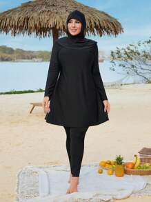 Swim Mulvari 3pcs Plus Size Solid Color Burkini Set For Beach And Vacation For Summer - Black - View 4
