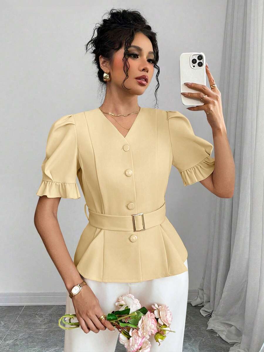 Elenzga Blouse élégante à col V, manches bouffantes détendues, taille cintrée, ourlet asymétrique à volants, style printemps/été pour femmes