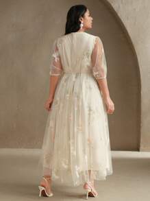 Anewsta 春夏优雅度假婚礼宾客礼服女士大码春夏网眼刺绣音乐节腰带泡泡袖连衣裙