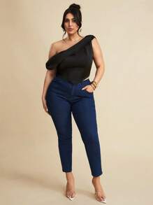 SHEIN BAE Plus Size Women's Elegant Black Summer Satin Asymmetrical Neck Camisole,Formal Evening Night Out Club Backless Top,Corset For Birthday Wedding Party - Black - View 2
