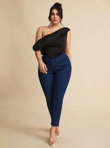 SHEIN BAE Plus Size Women's Elegant Black Summer Satin Asymmetrical Neck Camisole,Formal Evening Night Out Club Backless Top,Corset For Birthday Wedding Party - Black - View 5