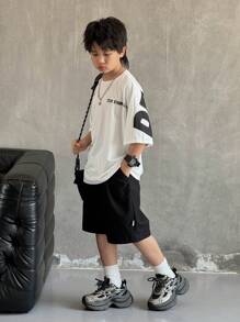 SHEIN Tween 男童休闲宽松韩版大字母图案圆领短袖 T 恤，适合通勤、上学、日常休闲装、运动、春夏 - 白色 - 查看 4