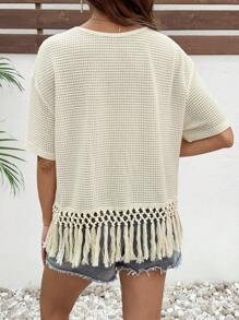 SHEIN Camiseta casual de embarazo holgada con dobladillo con flecos y cuello redondo de un solo color