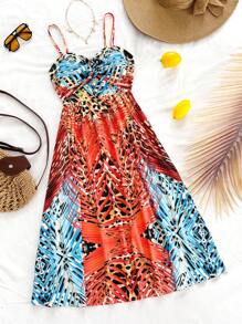 SHEIN WYWH Wild Resort 豹纹印花与热带植物镂空长款吊带裙 - 橘色 - 查看 5