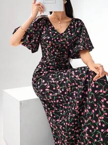 Modelyn Vestido de verano de mujer con cuello en V, manga abullonada y estampado floral elegante - Multicolor - Ver 1