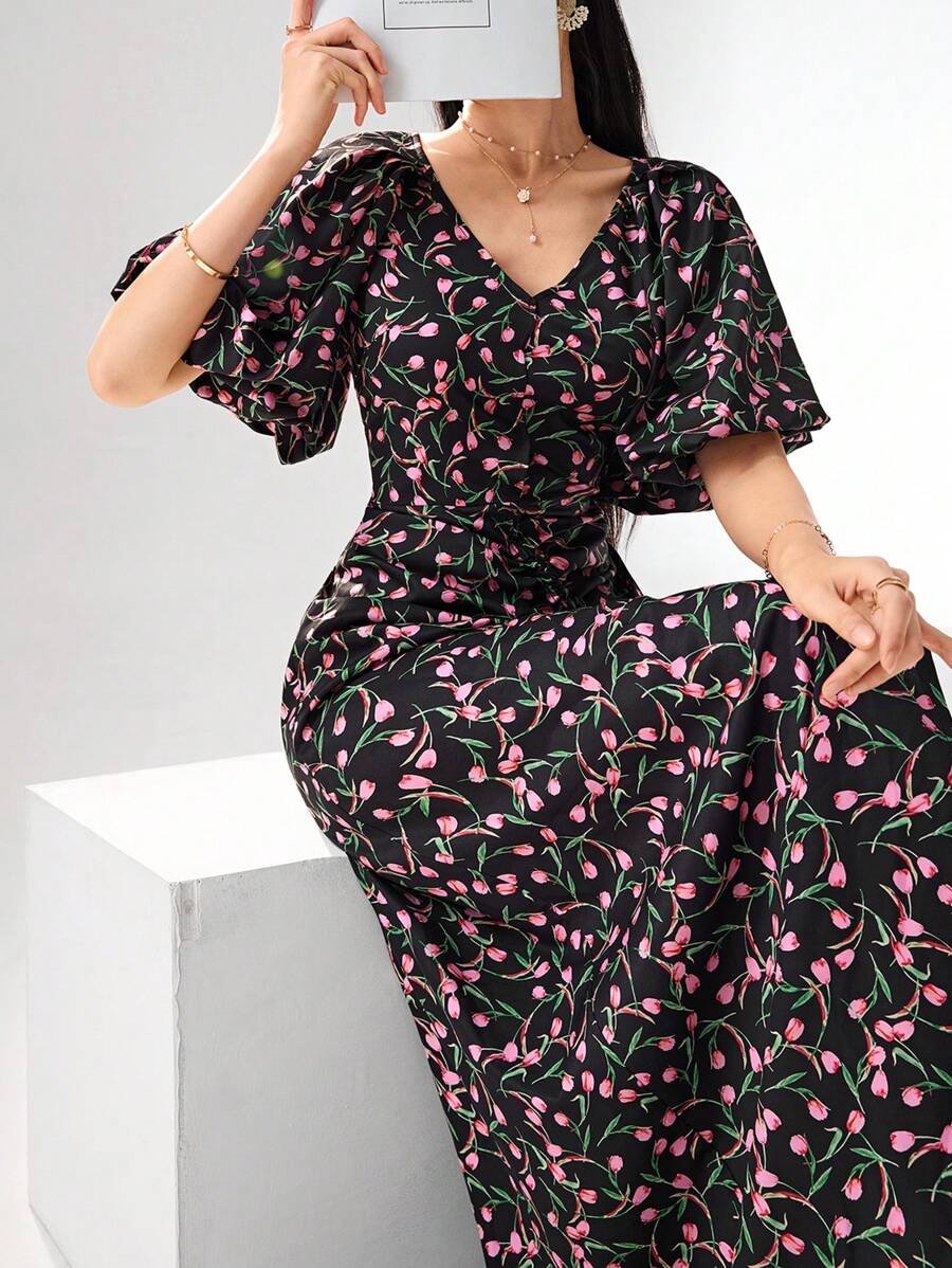 Modelyn Vestido de verano de mujer con cuello en V, manga abullonada y estampado floral elegante - Multicolor - Ver 1