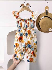 Baby Girls Sleeveless Square Neck Floral Print Jumpsuit: Adorable Shirred Long Jumpsuit For Summer - Multicolor - View 3