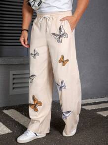 Manfinity Homme 男式蝴蝶印花贴袋宽松牛仔裤 - 杏色 - 查看 5