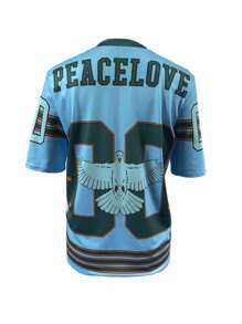 Women's Fashionable Colorblock Striped Numeral Print T-Shirt, Summer - Blue - View 2