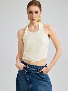 Ontre 2025 New Asymmetrical Twist Design Women Tank Top, Halter Neck Style, Linen Fabric Tie-Up Halter Top, Resort Vacation Wear, Beige Spring - White - View 7