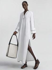 Ontre 女士撞色边 V 领侧开衩连衣裙，休闲简约都市时尚度假风 - 白色 - 查看 6