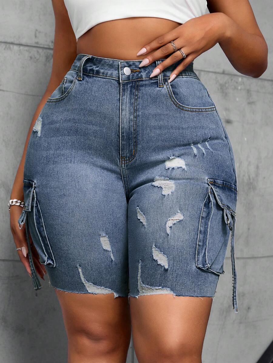 SHEIN SXY 大码休闲洗水做旧工装牛仔短裤