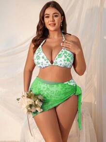 Swim Mod 3pcs/Set Plus Size Women Casual Random Printed Halter Neck Splicing Bikini Swimming Suit, Vacation - Green - View 3