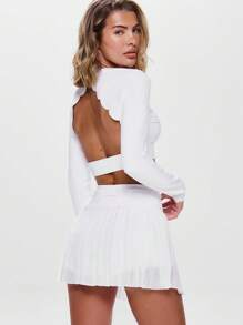 Musera Sport Open Back Scalloped Edge Long Sleeve Crop Top Active Workout Gym ,Padel Tennis Racquetball Pickleball Gym Fitness - White - View 3