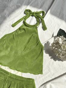 SHEIN Unity Women's 2pcs Solid Color Halter Top & Mini Skirt Set, Fashionable For Summer - Green - View 4